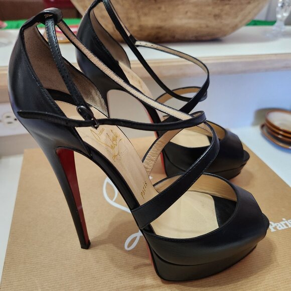 EUC Christian Louboutin Cross Me 160 Black Leather Platform Heels, sz 38.5 - Picture 2 of 8